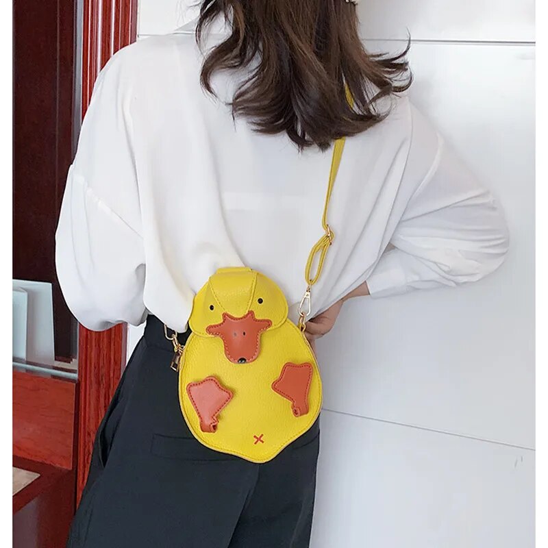 New Cartoon Duck Crossbody Bag Women's HandBag Cute Girl's Small One Shoulder Bag Fashion Color Contrast PU Leather Zipper