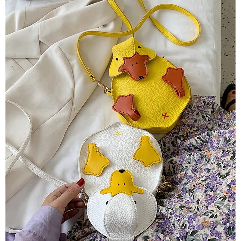 New Cartoon Duck Crossbody Bag Women's HandBag Cute Girl's Small One Shoulder Bag Fashion Color Contrast PU Leather Zipper