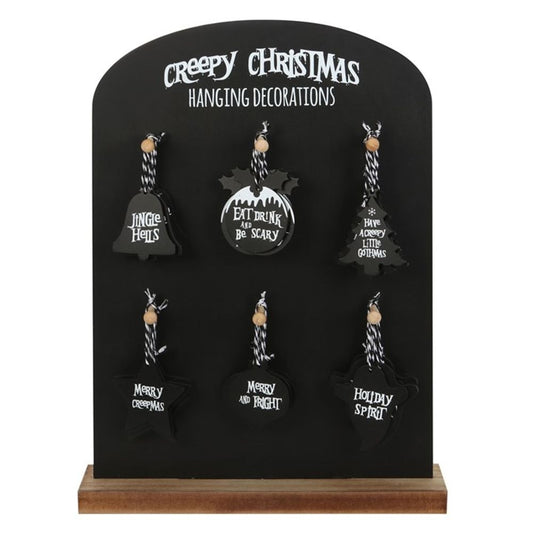 Set of 36 Creepy Christmas Hanging Signs on Display